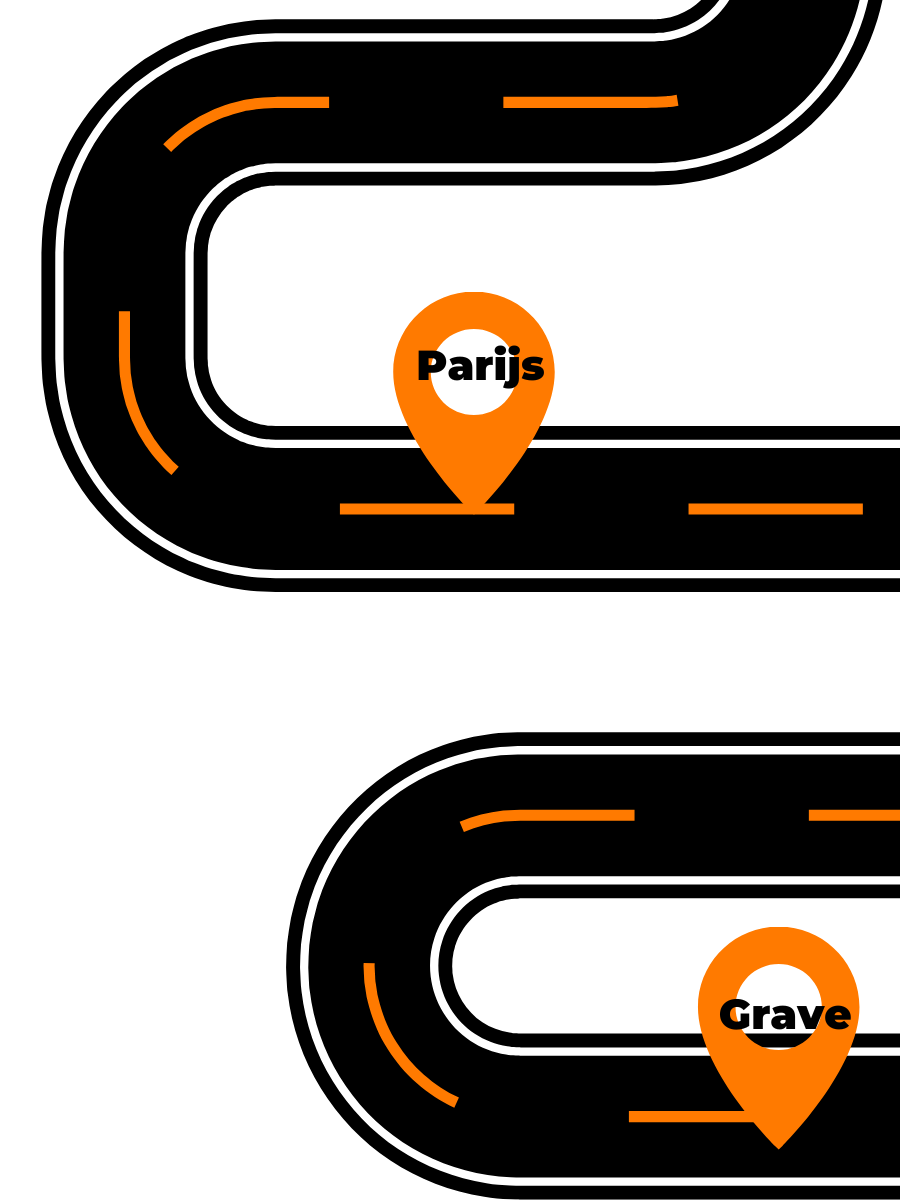 illlustratie van een kronkelige weg met locatieaanwijzers (pointers) met plaatsnamen Parijs en Grave