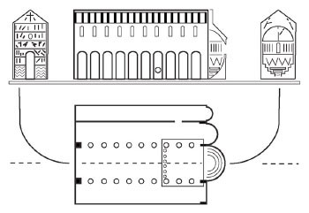 Tekening met de opbouw van een kerkinterieur