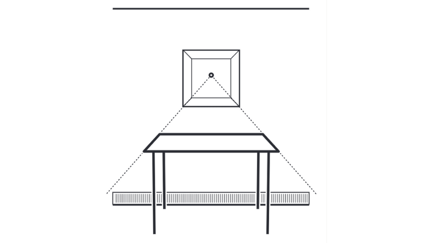 Tekening van een verdwijnpunt in een kamer met een tafel en een schilderij