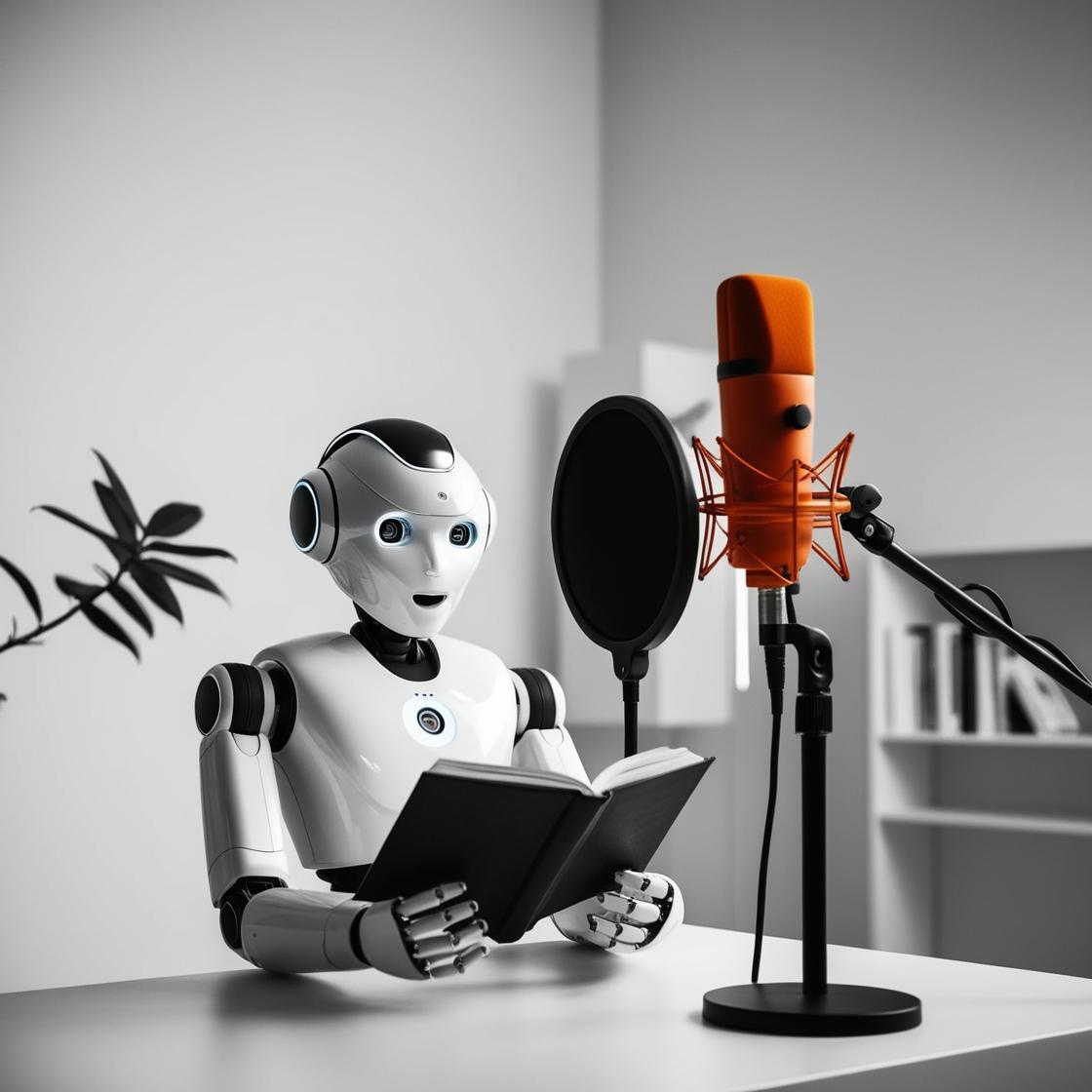 robot leest een boek voor in een audiostudio. De microfoon is oranje, de rest in zwart/wit.