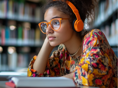 Student leest boek en luistert naar audio via de koptelefoon