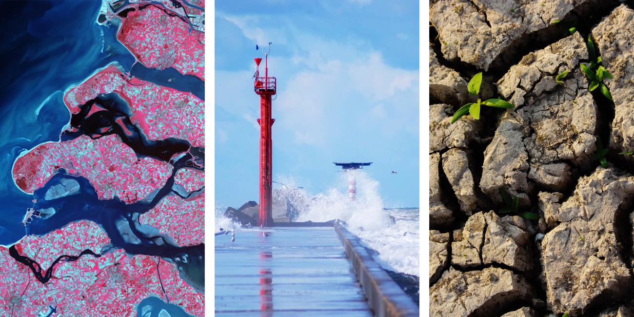 compilatiefoto met satellietbeeld Zeeland, windmeter in zee en dorre aarde