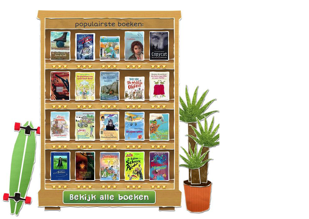 tekening van boekenkast, skateboard en plant uit de leesgame Yoleo