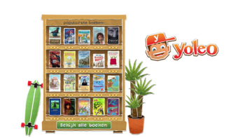 Logo Yoleo en een boekenkast uit de game gevuld met leesboeken