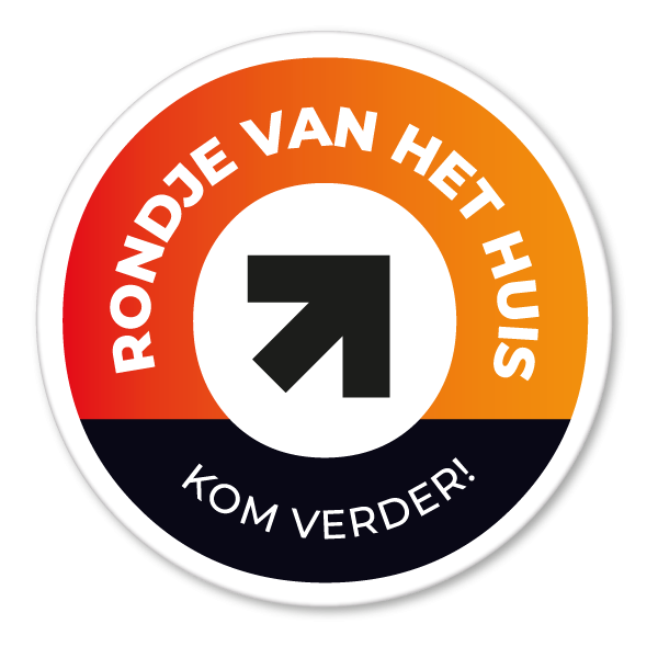 beeldmerk Dedicon (rondje) met binnenin een zwarte pijl en in de ring de tekst: Rondje van het Huis - Kom verder!