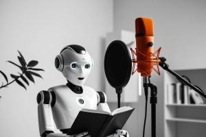 robot leest een boek voor in een audiostudio. De microfoon is oranje, de rest in zwart/wit.