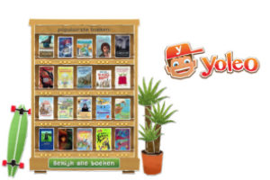 Logo Yoleo en een boekenkast uit de game gevuld met leesboeken