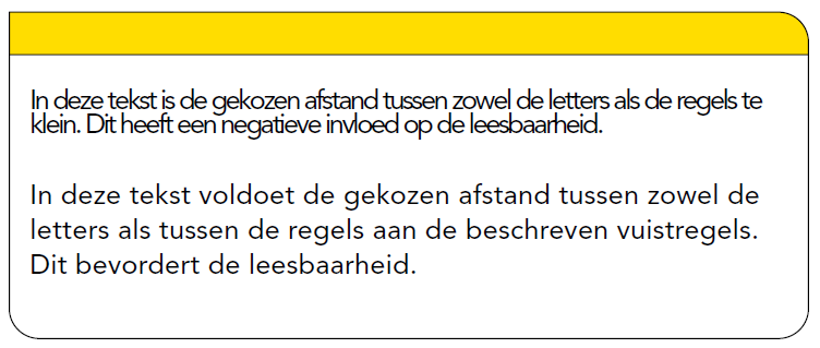 voorbeelden van te weinig afstand en voldoende afstand tussen regels en letters