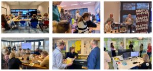 6 afbeeldingen: sfeerimpressie van de Educatieve Uitgeversdagen 2025 op locatie van Visio-school en bij Dedicon